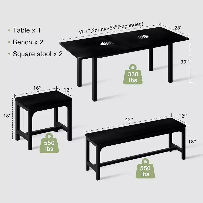 Set tavolo da pranzo allungabile, rettangolare, nero/marrone, 4-6 posti