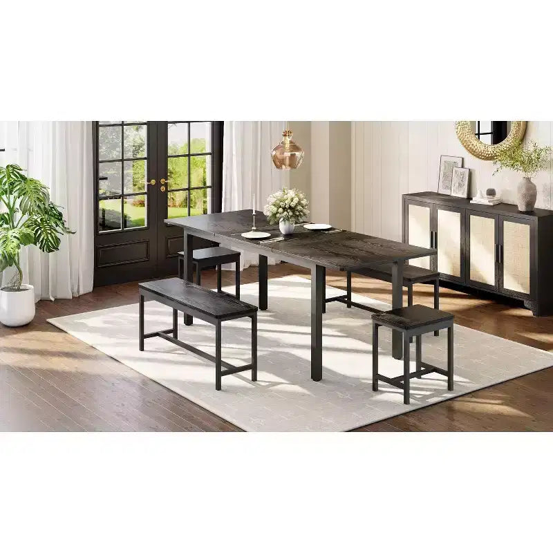 Set tavolo da pranzo allungabile, rettangolare, nero/marrone, 4-6 posti