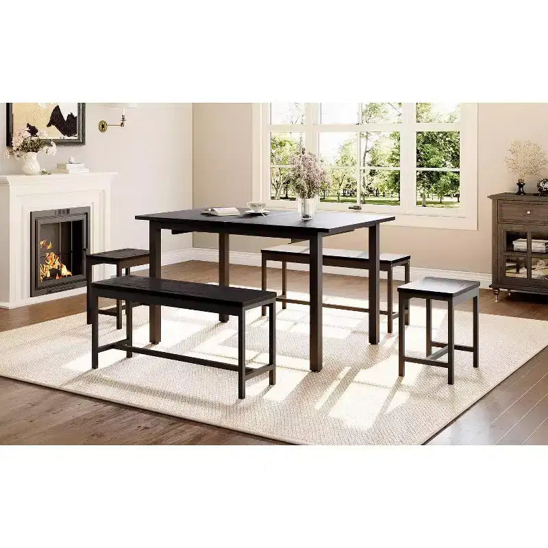 Set tavolo da pranzo allungabile, rettangolare, nero/marrone, 4-6 posti