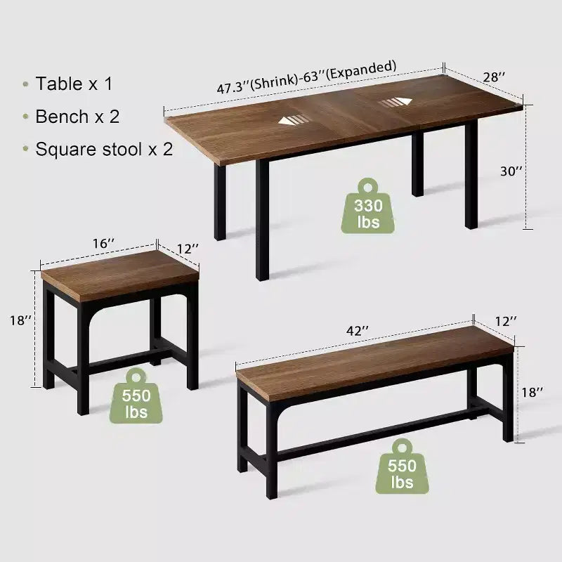 Set tavolo da pranzo allungabile, rettangolare, nero/marrone, 4-6 posti
