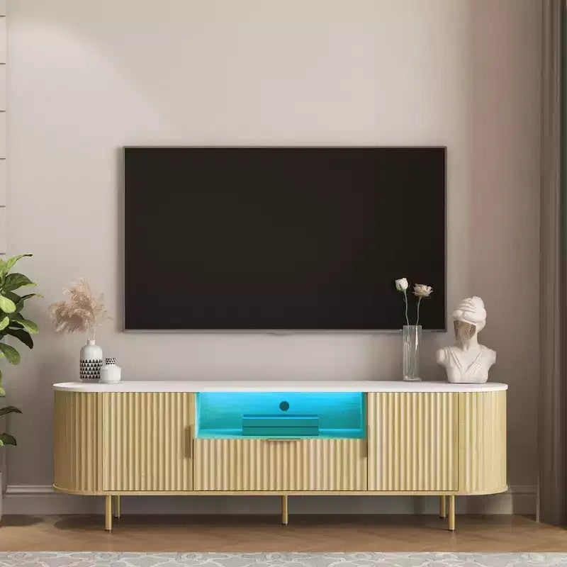 GDFStudio Caden 68.5'' Farmhouse TV Console with 16 Color LEDs, 1 Drawer and 2 Storage Compartments