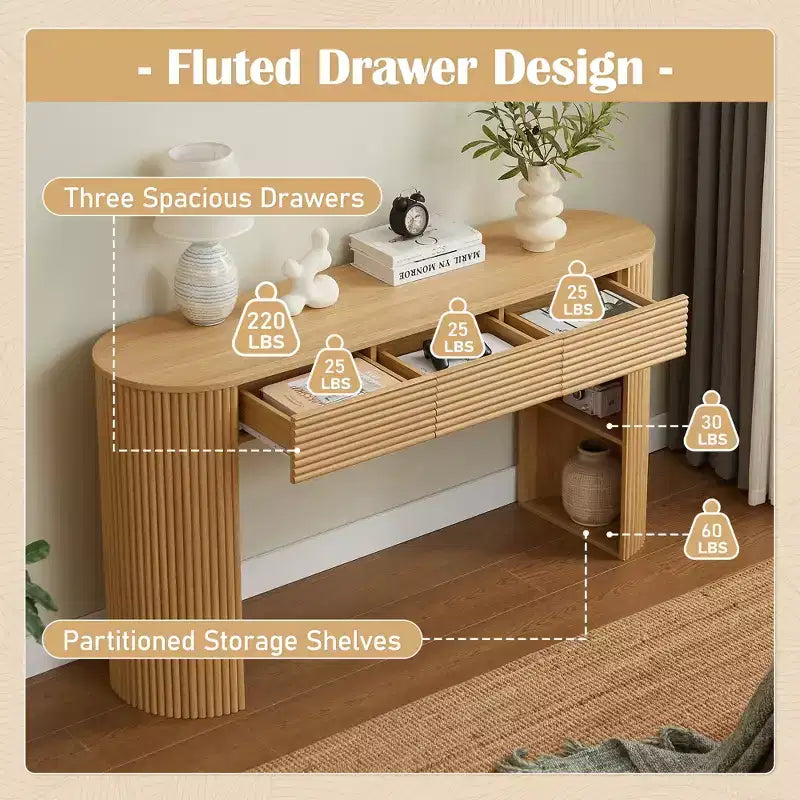 Console da ingresso curva retrò Espresso/Naturale con 3 cassetti, montaggio da 1 persona