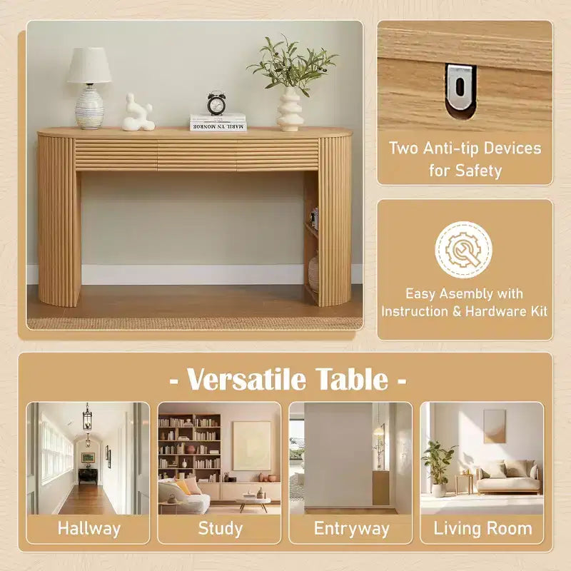 Console da ingresso curva retrò Espresso/Naturale con 3 cassetti, montaggio da 1 persona