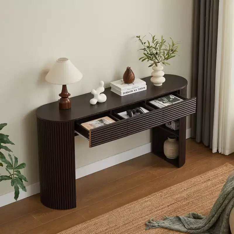 Console da ingresso curva retrò Espresso/Naturale con 3 cassetti, montaggio da 1 persona