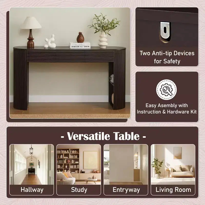 Console da ingresso curva retrò Espresso/Naturale con 3 cassetti, montaggio da 1 persona