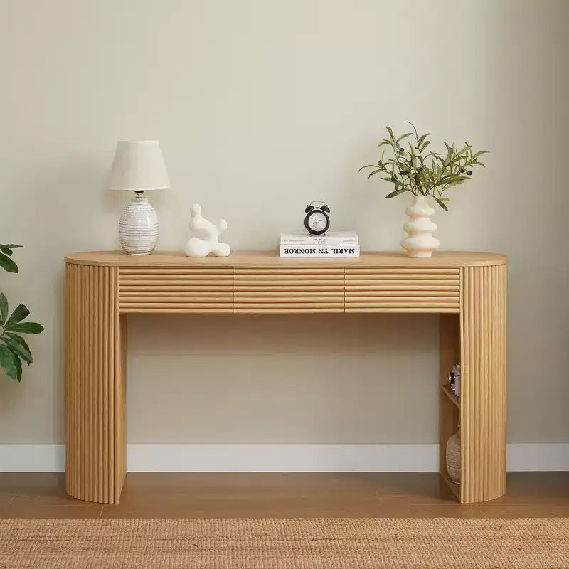 Console da ingresso curva retrò Espresso/Naturale con 3 cassetti, montaggio da 1 persona