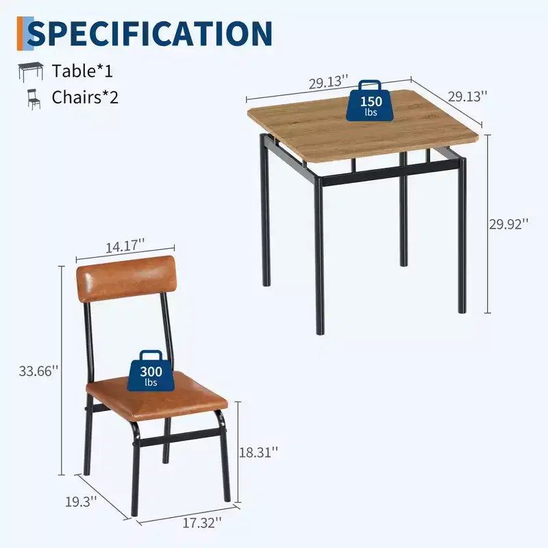 Set da pranzo 3 pezzi nero/marrone, tavolo in legno e 2 sedie in ecopelle, 2 posti a sedere