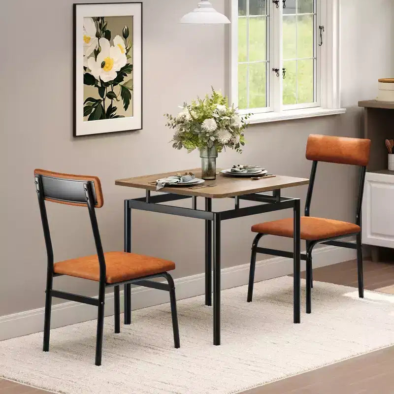 Set da pranzo 3 pezzi nero/marrone, tavolo in legno e 2 sedie in ecopelle, 2 posti a sedere
