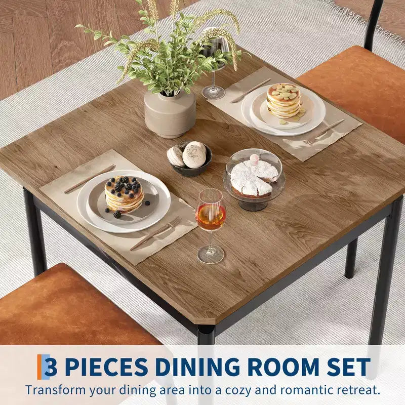Set da pranzo 3 pezzi nero/marrone, tavolo in legno e 2 sedie in ecopelle, 2 posti a sedere