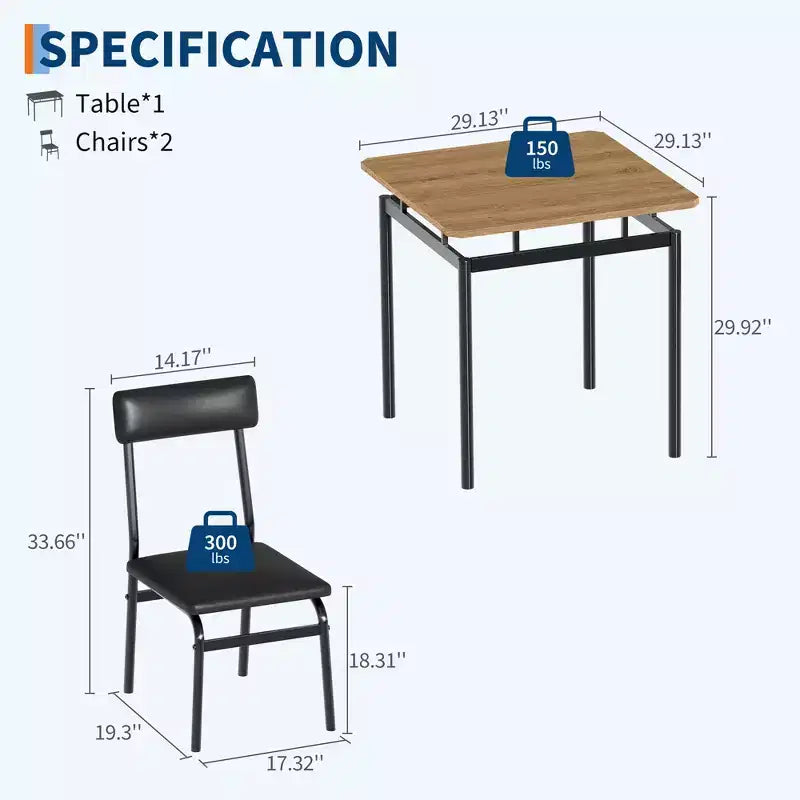Set da pranzo 3 pezzi nero/marrone, tavolo in legno e 2 sedie in ecopelle, 2 posti a sedere