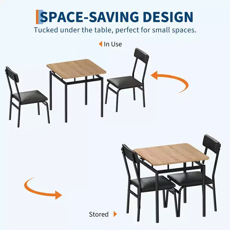 Set da pranzo 3 pezzi nero/marrone, tavolo in legno e 2 sedie in ecopelle, 2 posti a sedere