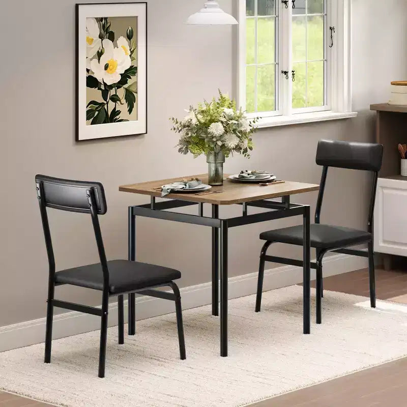Set da pranzo 3 pezzi nero/marrone, tavolo in legno e 2 sedie in ecopelle, 2 posti a sedere
