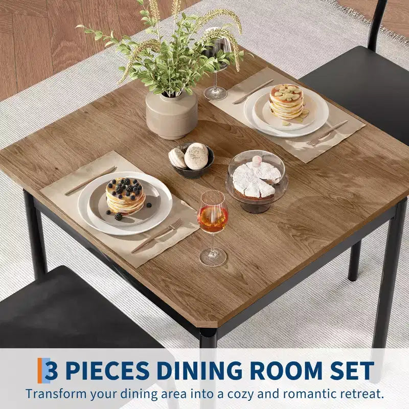 Set da pranzo 3 pezzi nero/marrone, tavolo in legno e 2 sedie in ecopelle, 2 posti a sedere