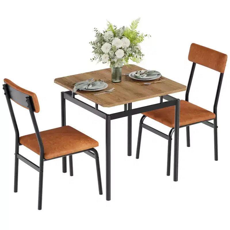 Set da pranzo 3 pezzi nero/marrone, tavolo in legno e 2 sedie in ecopelle, 2 posti a sedere