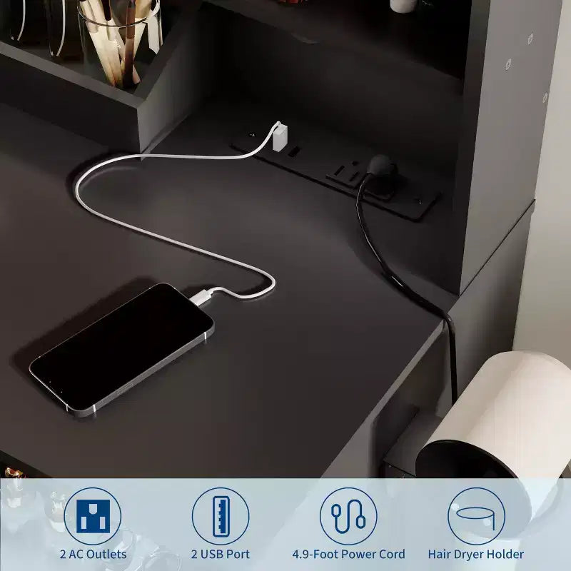 Set Toeletta Nera a LED con Sgabello, Utente Singolo