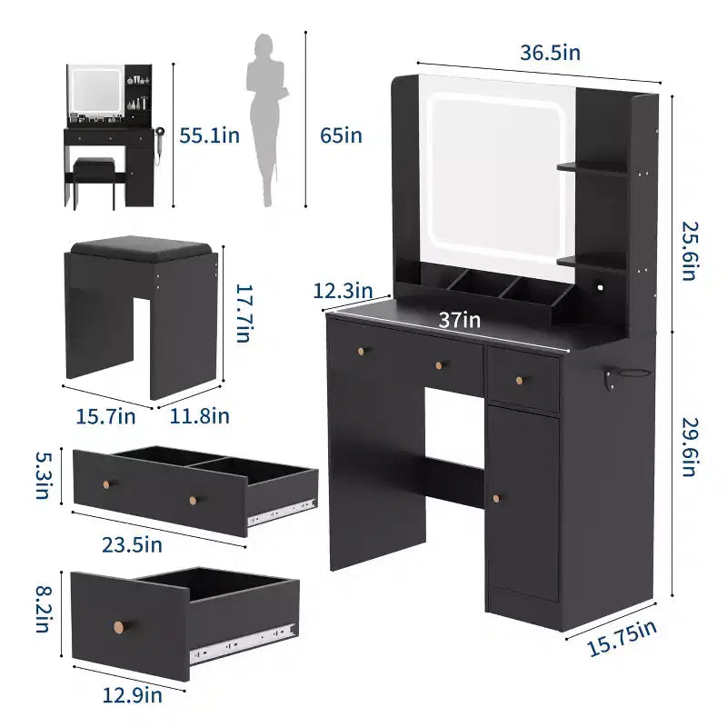 Set Toeletta Nera a LED con Sgabello, Utente Singolo