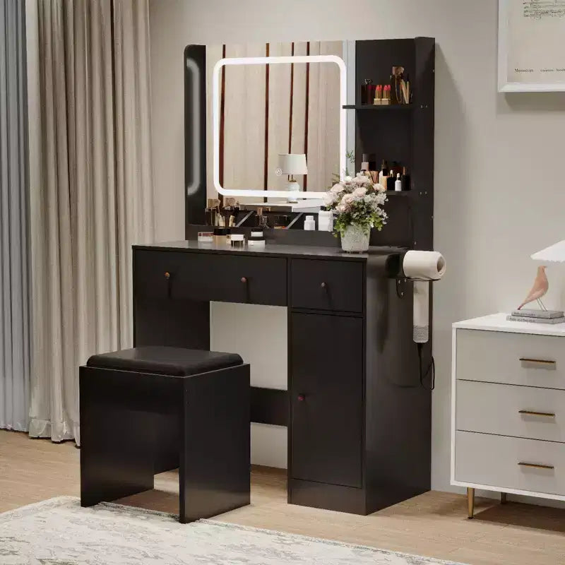 Set Toeletta Nera a LED con Sgabello, Utente Singolo