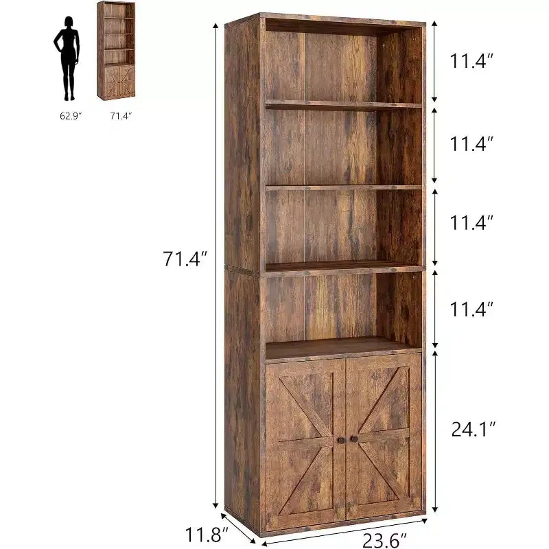 Libreria a 6 Ripiani con Ante Alta 181 cm – Stile Industriale Rustico, Nero / Marrone / Rovere Scuro / Grigio / Bianco, per 1