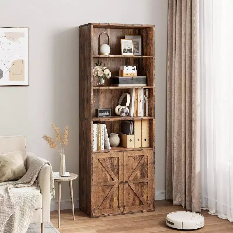 Libreria a 6 Ripiani con Ante Alta 181 cm – Stile Industriale Rustico, Nero / Marrone / Rovere Scuro / Grigio / Bianco, per 1