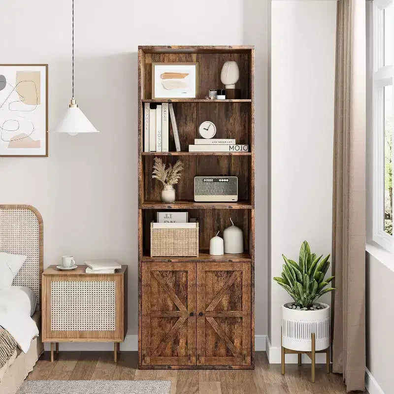 Libreria a 6 Ripiani con Ante Alta 181 cm – Stile Industriale Rustico, Nero / Marrone / Rovere Scuro / Grigio / Bianco, per 1