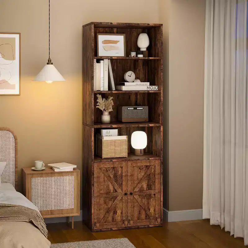 Libreria a 6 Ripiani con Ante Alta 181 cm – Stile Industriale Rustico, Nero / Marrone / Rovere Scuro / Grigio / Bianco, per 1