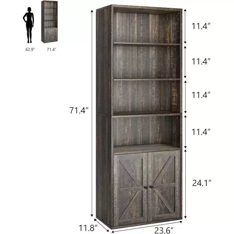 Libreria a 6 Ripiani con Ante Alta 181 cm – Stile Industriale Rustico, Nero / Marrone / Rovere Scuro / Grigio / Bianco, per 1