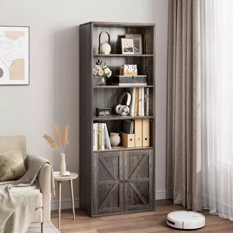 Libreria a 6 Ripiani con Ante Alta 181 cm – Stile Industriale Rustico, Nero / Marrone / Rovere Scuro / Grigio / Bianco, per 1