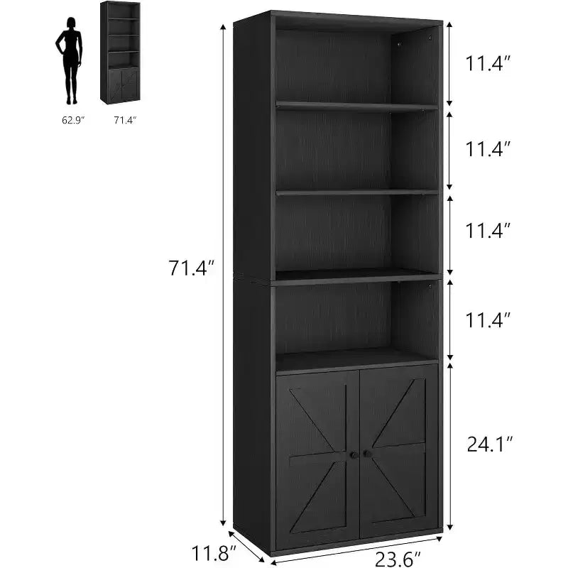 Libreria a 6 Ripiani con Ante Alta 181 cm – Stile Industriale Rustico, Nero / Marrone / Rovere Scuro / Grigio / Bianco, per 1