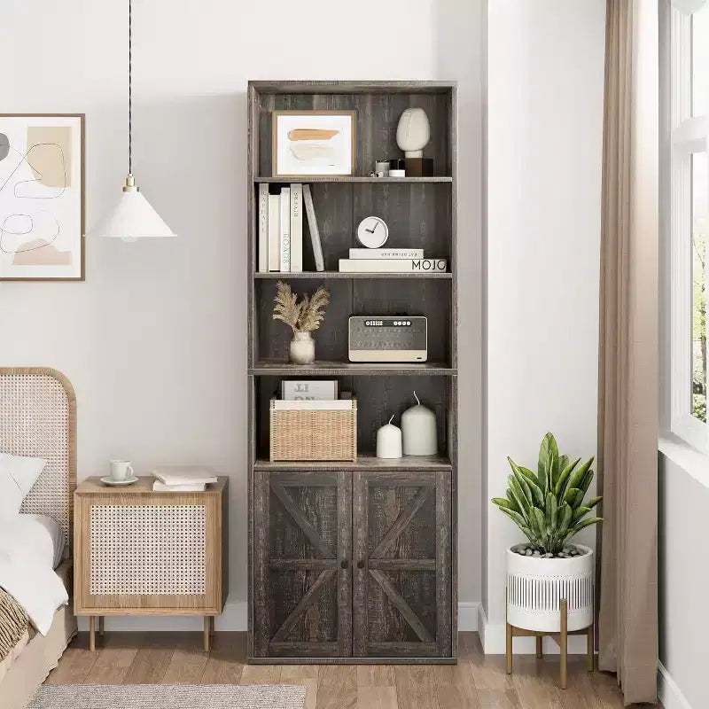 Libreria a 6 Ripiani con Ante Alta 181 cm – Stile Industriale Rustico, Nero / Marrone / Rovere Scuro / Grigio / Bianco, per 1