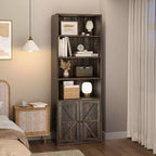 Libreria a 6 Ripiani con Ante Alta 181 cm – Stile Industriale Rustico, Nero / Marrone / Rovere Scuro / Grigio / Bianco, per 1