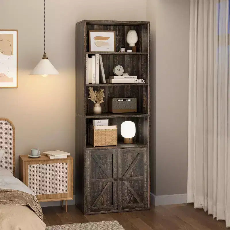 Libreria a 6 Ripiani con Ante Alta 181 cm – Stile Industriale Rustico, Nero / Marrone / Rovere Scuro / Grigio / Bianco, per 1