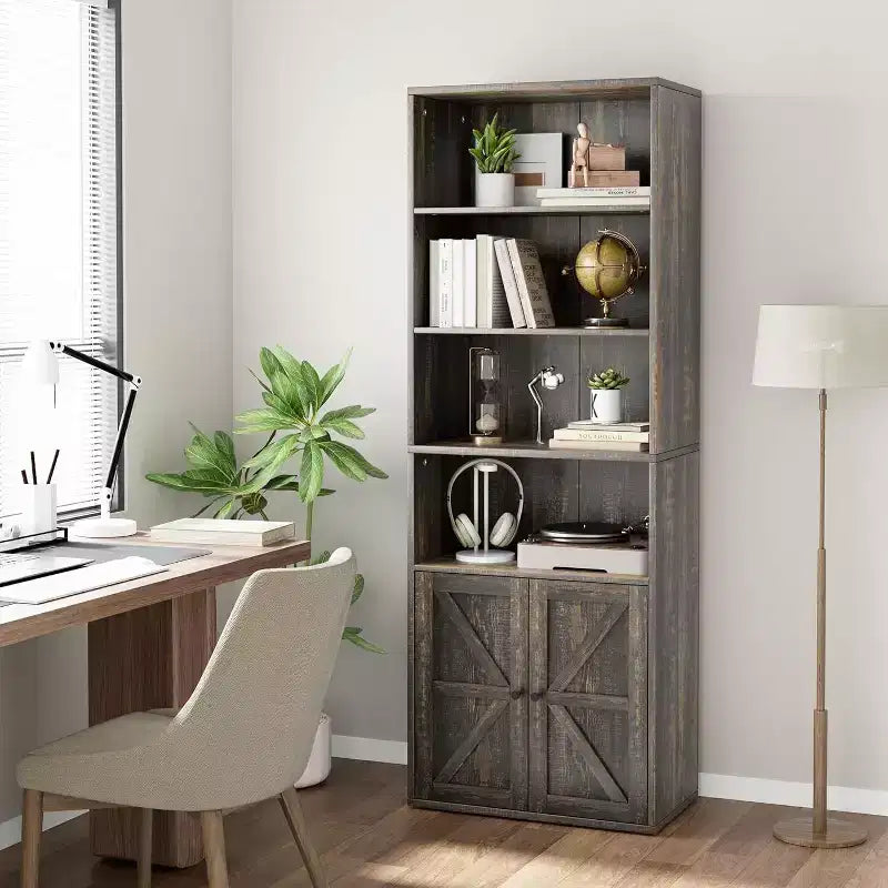 Libreria a 6 Ripiani con Ante Alta 181 cm – Stile Industriale Rustico, Nero / Marrone / Rovere Scuro / Grigio / Bianco, per 1