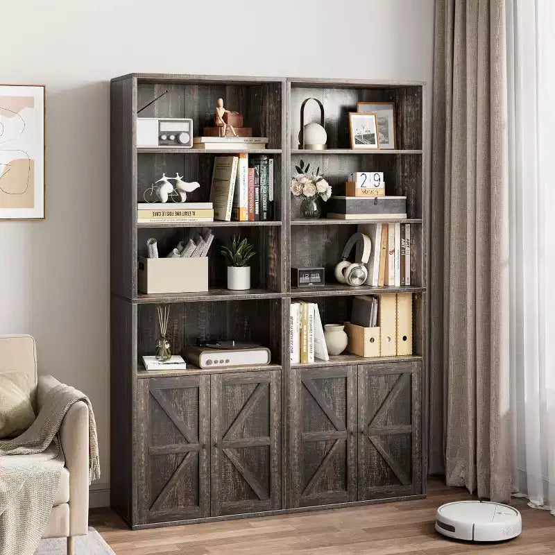 Libreria a 6 Ripiani con Ante Alta 181 cm – Stile Industriale Rustico, Nero / Marrone / Rovere Scuro / Grigio / Bianco, per 1