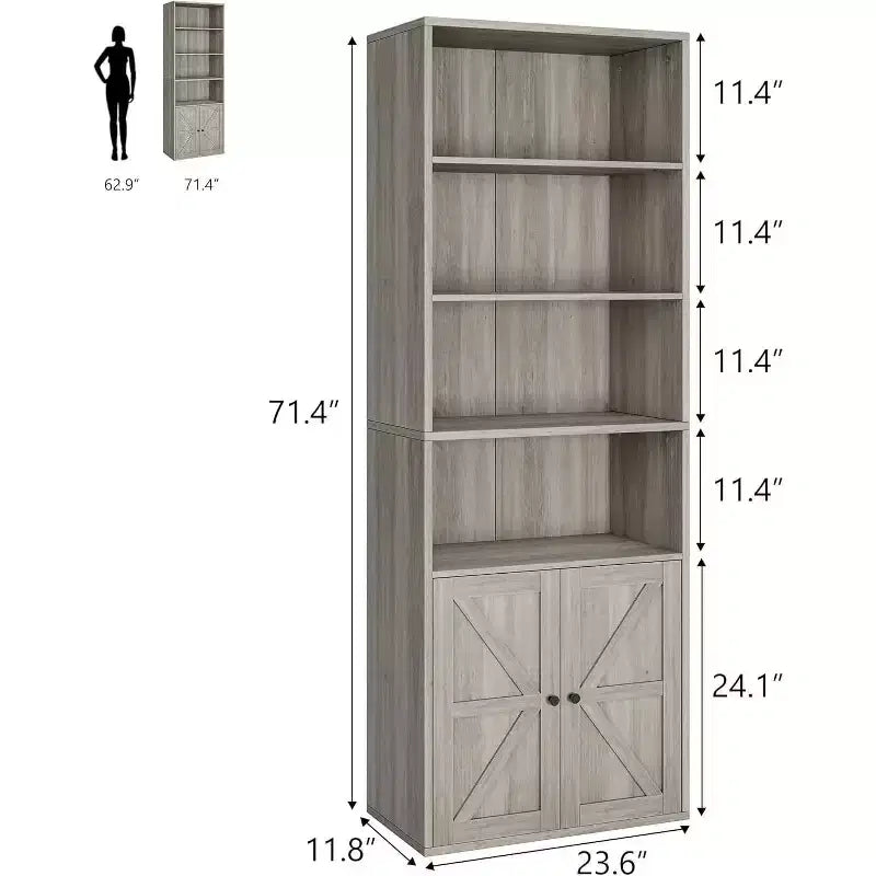 Libreria a 6 Ripiani con Ante Alta 181 cm – Stile Industriale Rustico, Nero / Marrone / Rovere Scuro / Grigio / Bianco, per 1