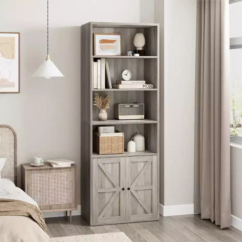 Libreria a 6 Ripiani con Ante Alta 181 cm – Stile Industriale Rustico, Nero / Marrone / Rovere Scuro / Grigio / Bianco, per 1