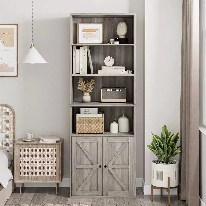 Libreria a 6 Ripiani con Ante Alta 181 cm – Stile Industriale Rustico, Nero / Marrone / Rovere Scuro / Grigio / Bianco, per 1