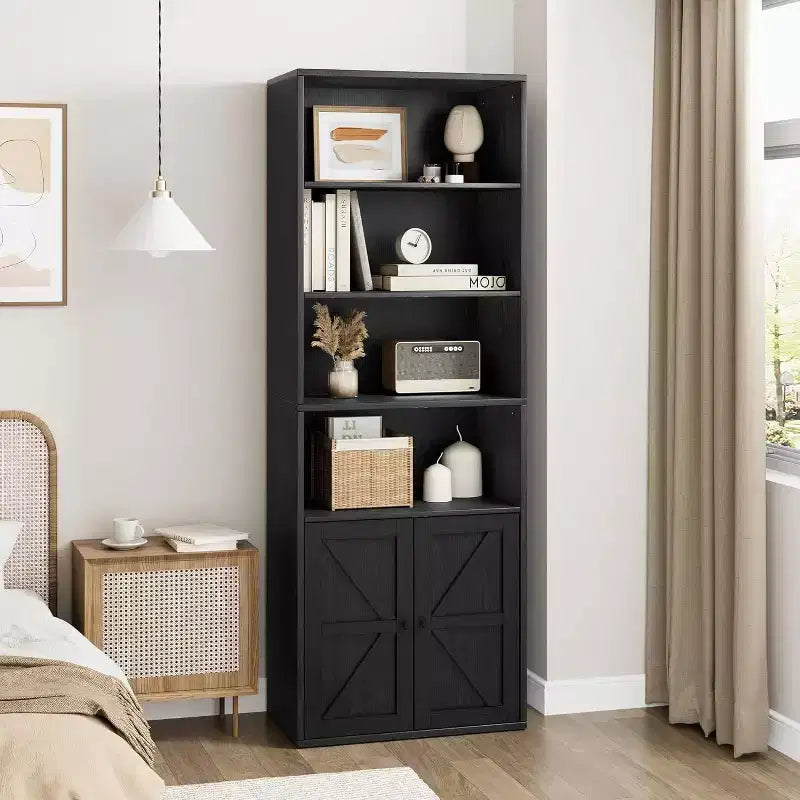 Libreria a 6 Ripiani con Ante Alta 181 cm – Stile Industriale Rustico, Nero / Marrone / Rovere Scuro / Grigio / Bianco, per 1