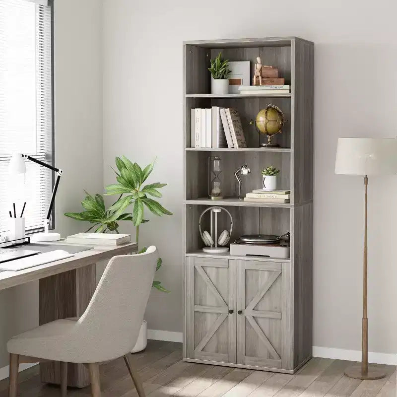Libreria a 6 Ripiani con Ante Alta 181 cm – Stile Industriale Rustico, Nero / Marrone / Rovere Scuro / Grigio / Bianco, per 1