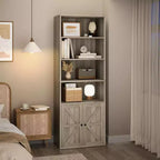 Libreria a 6 Ripiani con Ante Alta 181 cm – Stile Industriale Rustico, Nero / Marrone / Rovere Scuro / Grigio / Bianco, per 1