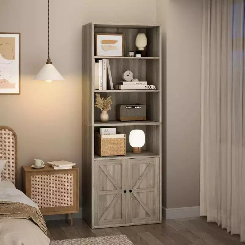 Libreria a 6 Ripiani con Ante Alta 181 cm – Stile Industriale Rustico, Nero / Marrone / Rovere Scuro / Grigio / Bianco, per 1