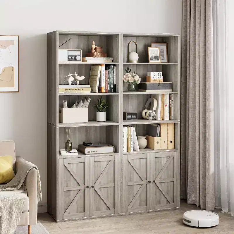 Libreria a 6 Ripiani con Ante Alta 181 cm – Stile Industriale Rustico, Nero / Marrone / Rovere Scuro / Grigio / Bianco, per 1