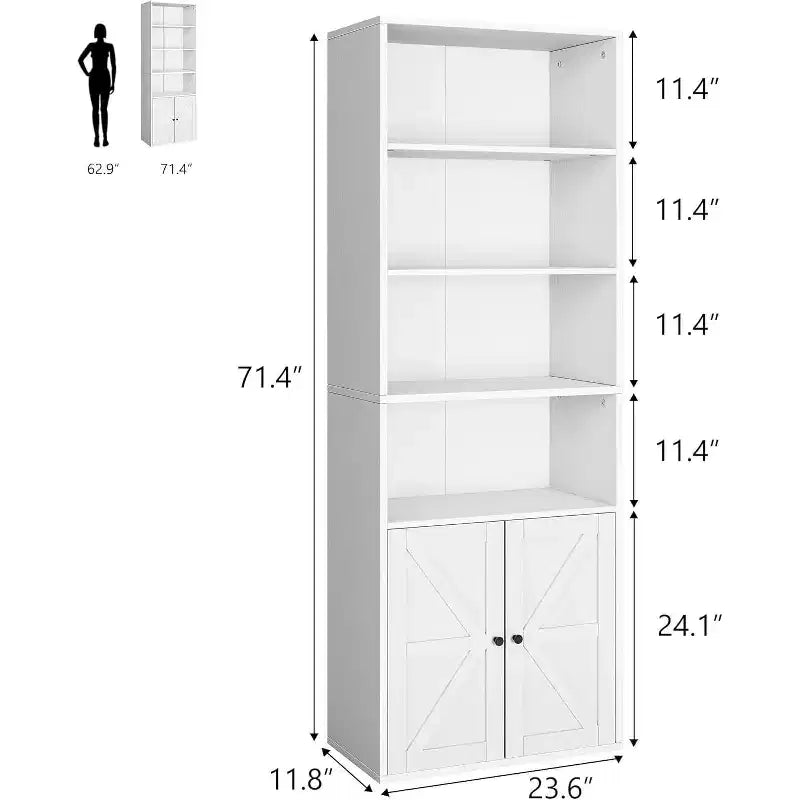Libreria a 6 Ripiani con Ante Alta 181 cm – Stile Industriale Rustico, Nero / Marrone / Rovere Scuro / Grigio / Bianco, per 1
