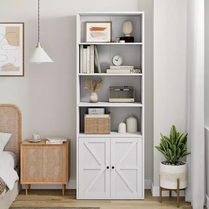 Libreria a 6 Ripiani con Ante Alta 181 cm – Stile Industriale Rustico, Nero / Marrone / Rovere Scuro / Grigio / Bianco, per 1