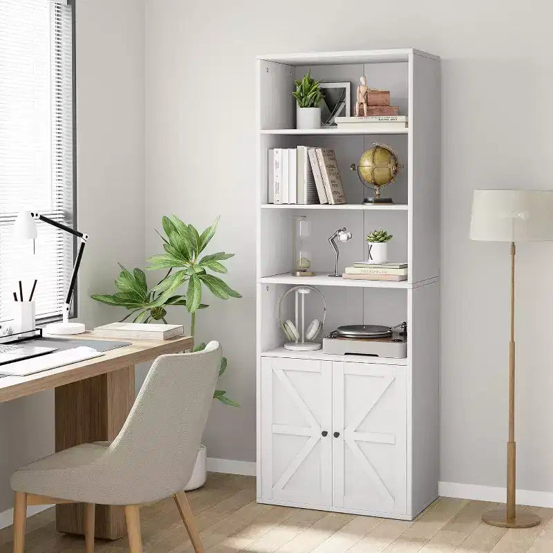 Libreria a 6 Ripiani con Ante Alta 181 cm – Stile Industriale Rustico, Nero / Marrone / Rovere Scuro / Grigio / Bianco, per 1