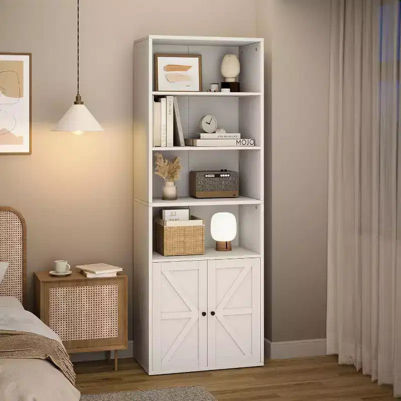 Libreria a 6 Ripiani con Ante Alta 181 cm – Stile Industriale Rustico, Nero / Marrone / Rovere Scuro / Grigio / Bianco, per 1