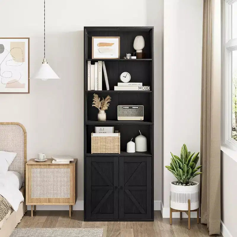 Libreria a 6 Ripiani con Ante Alta 181 cm – Stile Industriale Rustico, Nero / Marrone / Rovere Scuro / Grigio / Bianco, per 1