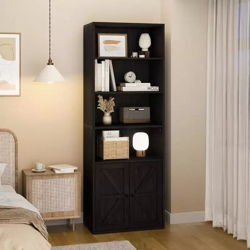 Libreria a 6 Ripiani con Ante Alta 181 cm – Stile Industriale Rustico, Nero / Marrone / Rovere Scuro / Grigio / Bianco, per 1