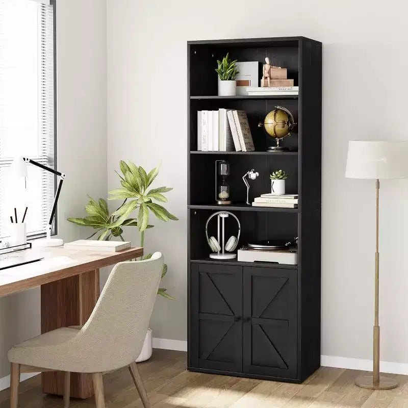 Libreria a 6 Ripiani con Ante Alta 181 cm – Stile Industriale Rustico, Nero / Marrone / Rovere Scuro / Grigio / Bianco, per 1
