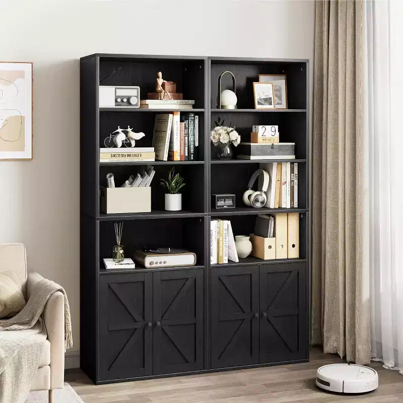 Libreria a 6 Ripiani con Ante Alta 181 cm – Stile Industriale Rustico, Nero / Marrone / Rovere Scuro / Grigio / Bianco, per 1