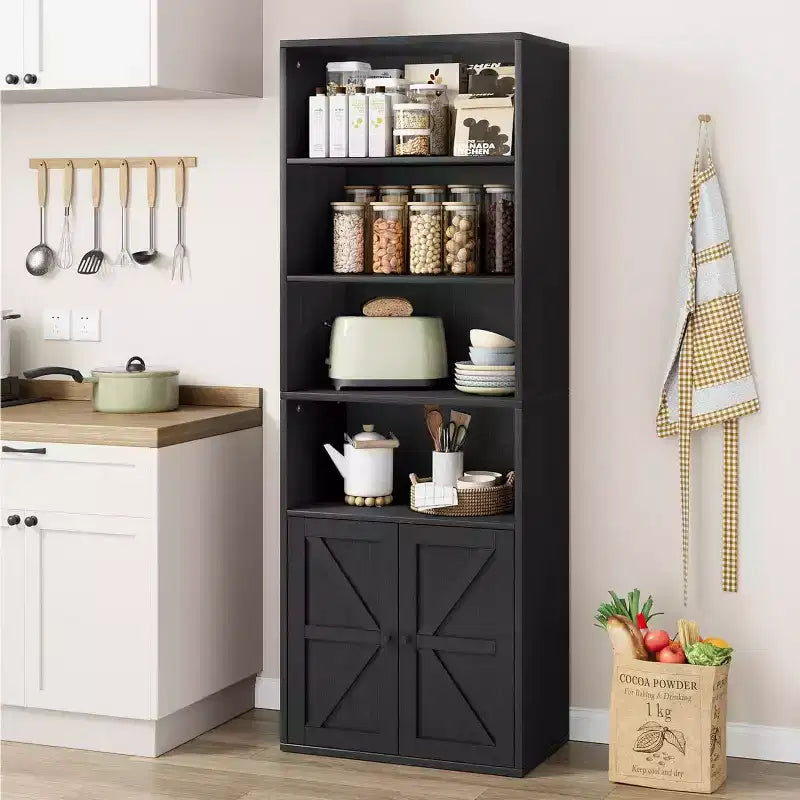 Farmhouse 71.4in Tall Bookcase with Doors 11.8in Depth Display Storage Shelves Industrial Bookcases Wooden 6 Shelf Bookshelves for Home Office
